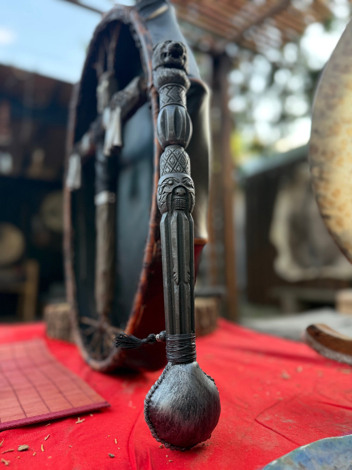 Shamanic rattle Tiger — hand-carved alder, goat skin chamber