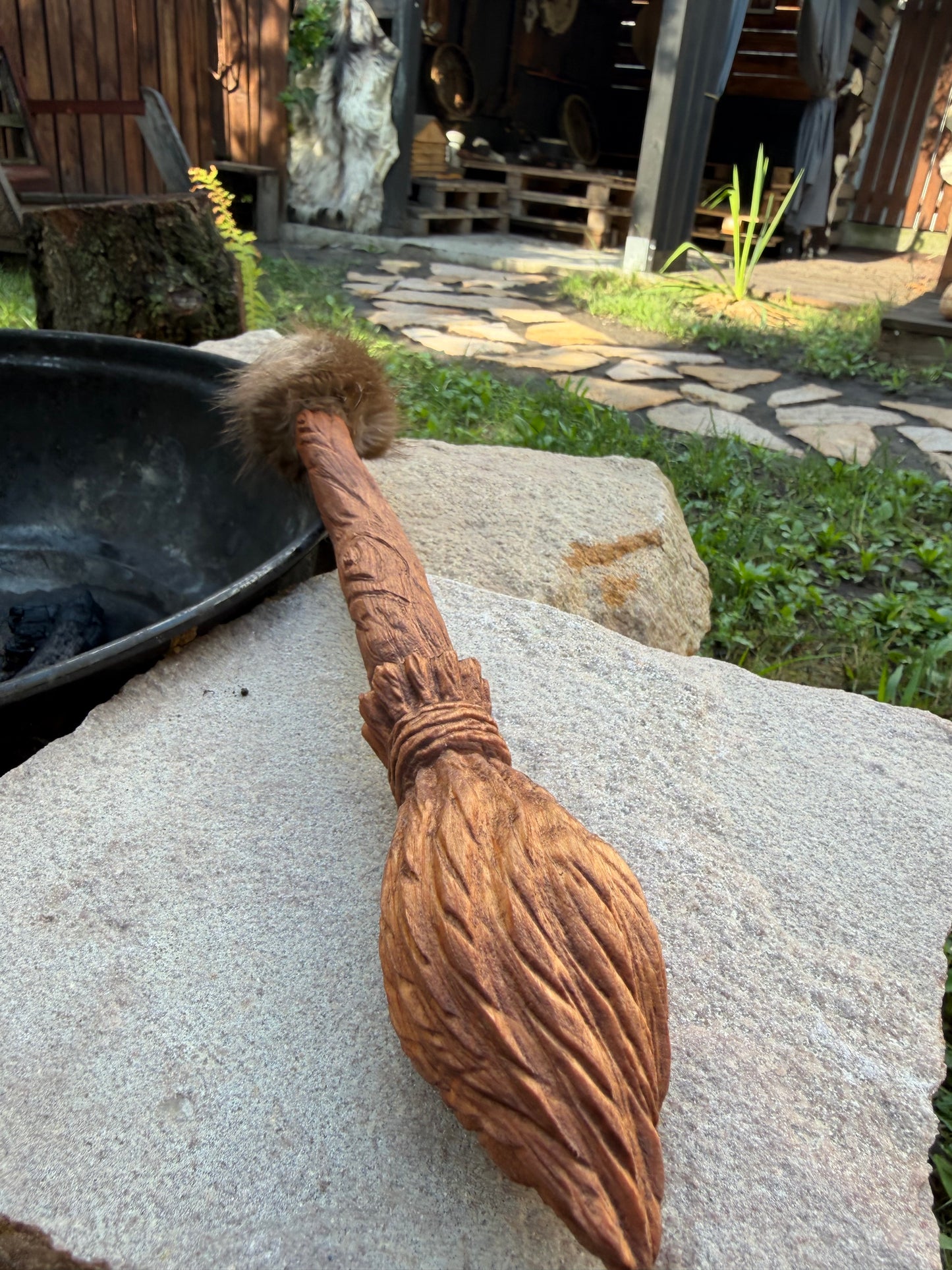 Witch's Broom shamanic beater — fur-wrapped head, hand-carved in Ukraine