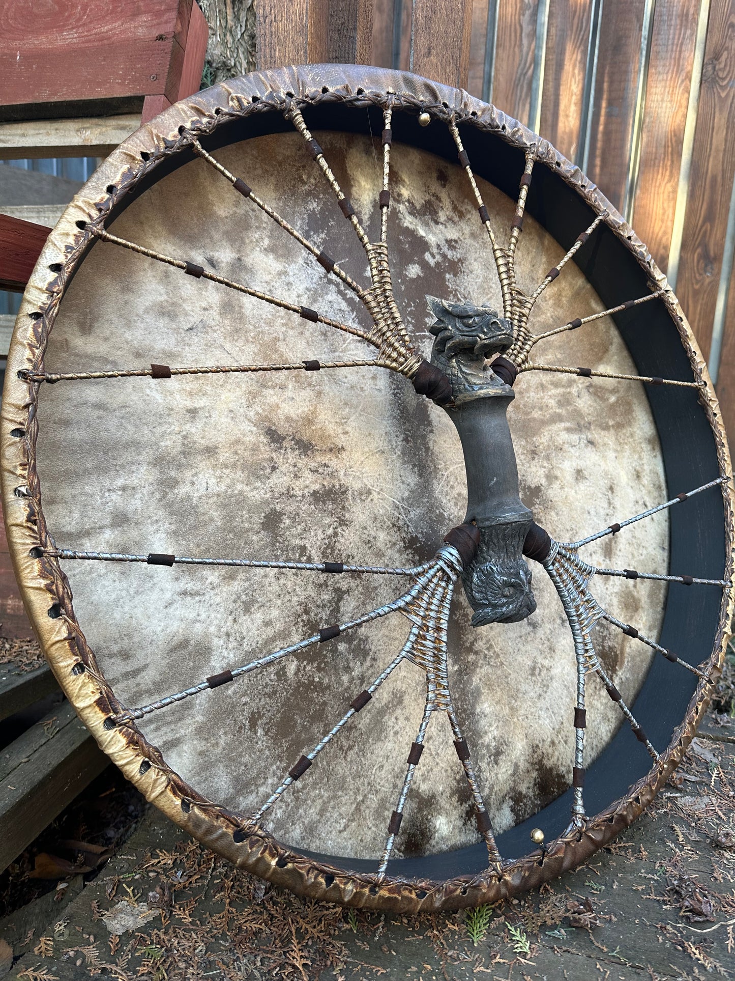 Shamanic Drum 'Four Wings' (Dragon & Owl) — 24" Round