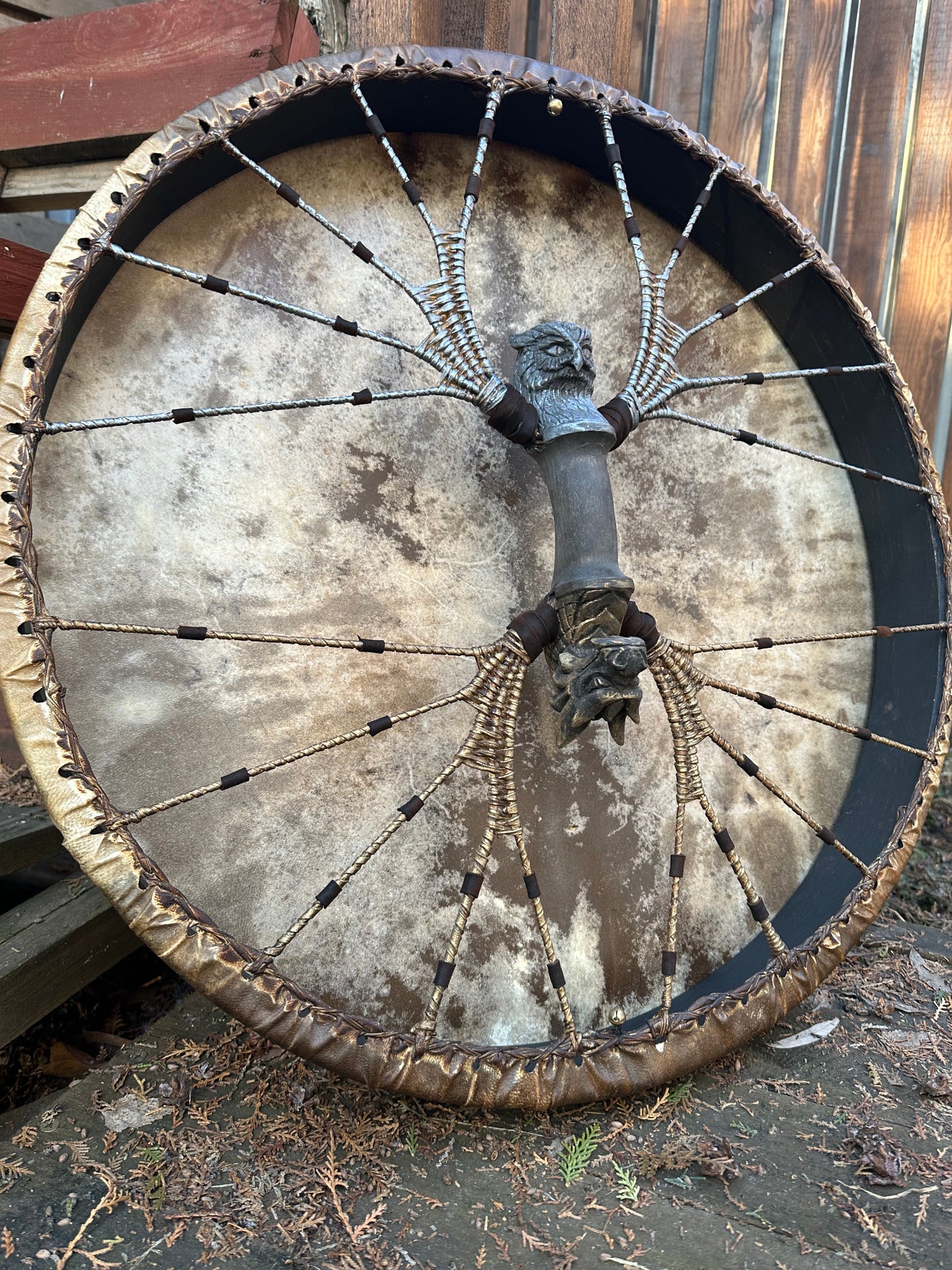 Shamanic Drum 'Four Wings' (Dragon & Owl) — 24" Round