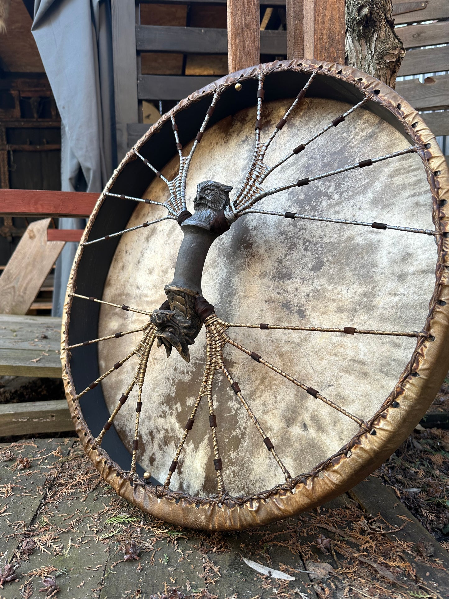 Shamanic Drum 'Four Wings' (Dragon & Owl) — 24" Round