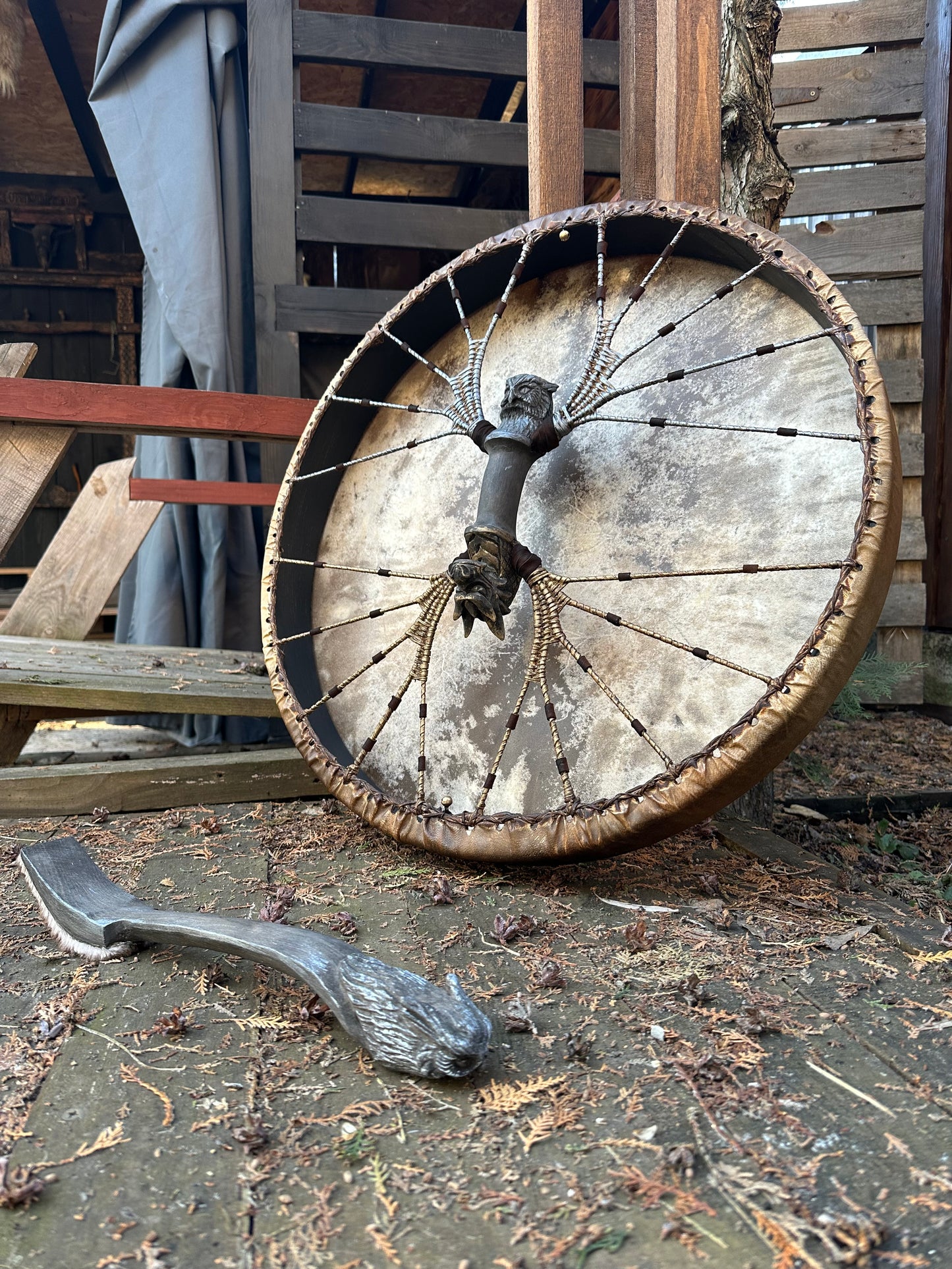 Shamanic Drum 'Four Wings' (Dragon & Owl) — 24" Round