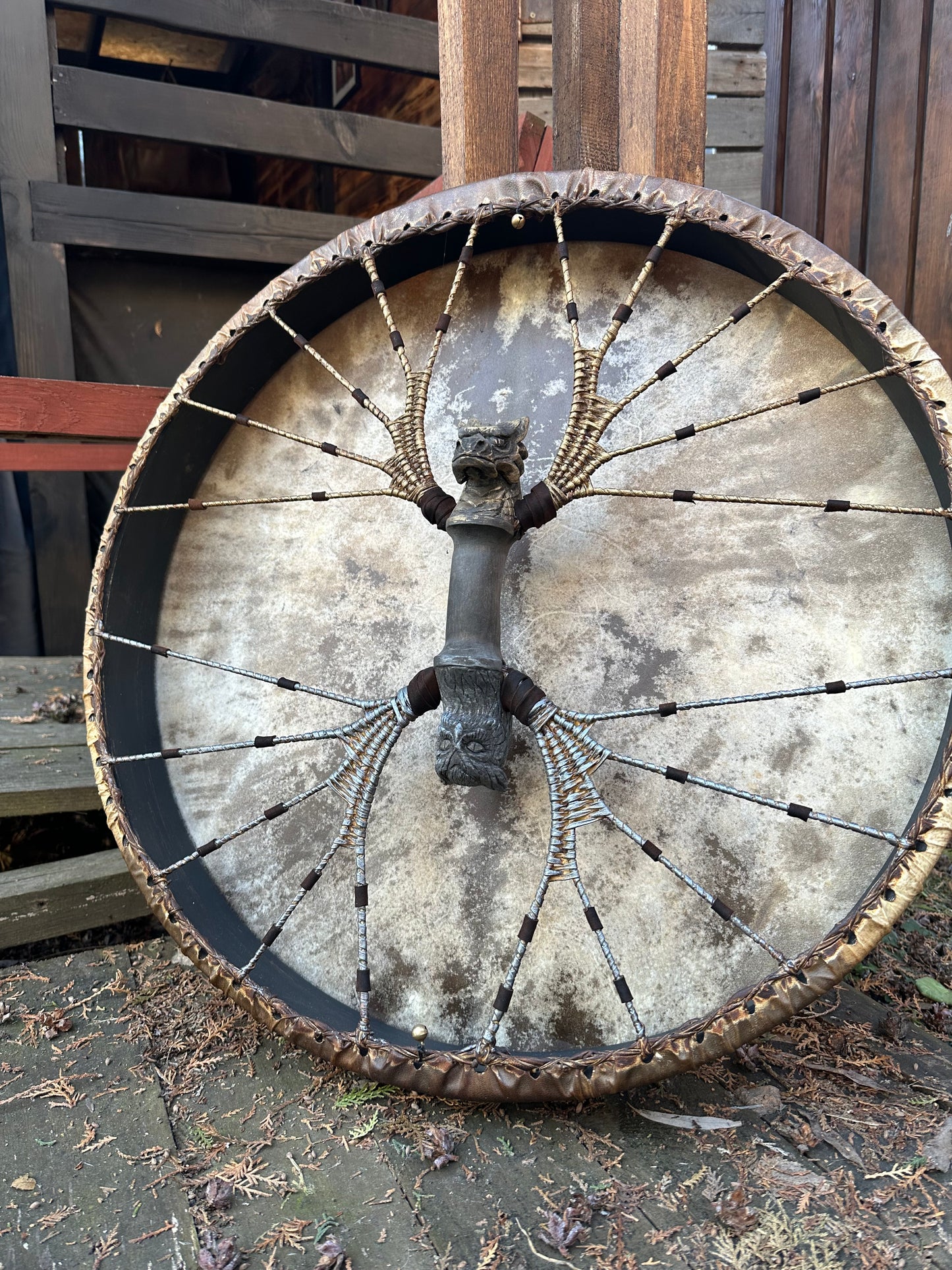Shamanic Drum 'Four Wings' (Dragon & Owl) — 24" Round