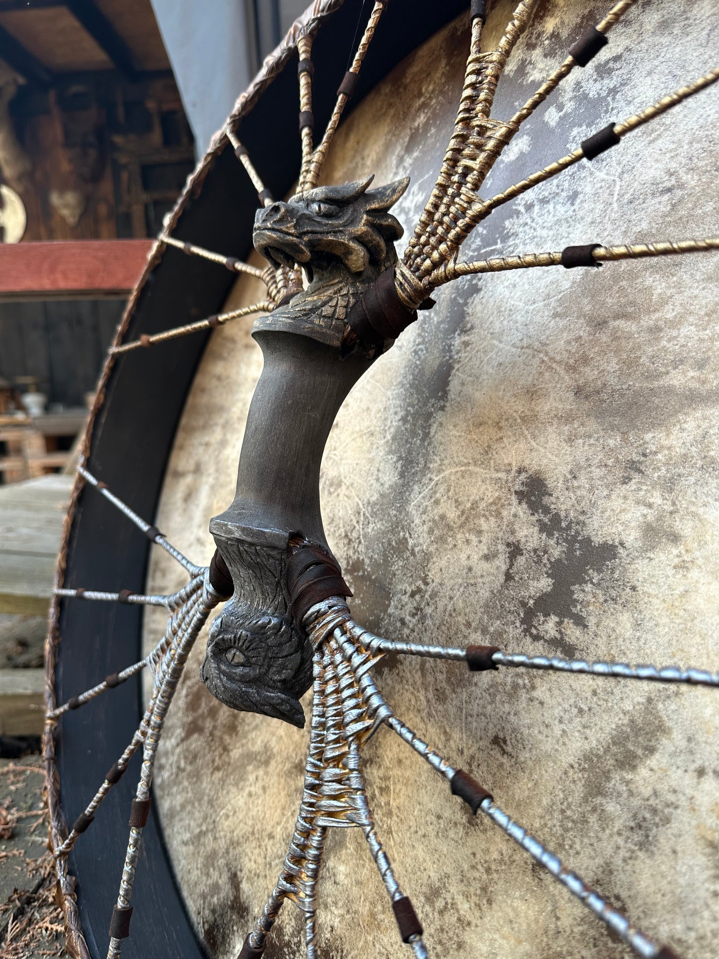 Shamanic Drum 'Four Wings' (Dragon & Owl) — 24" Round