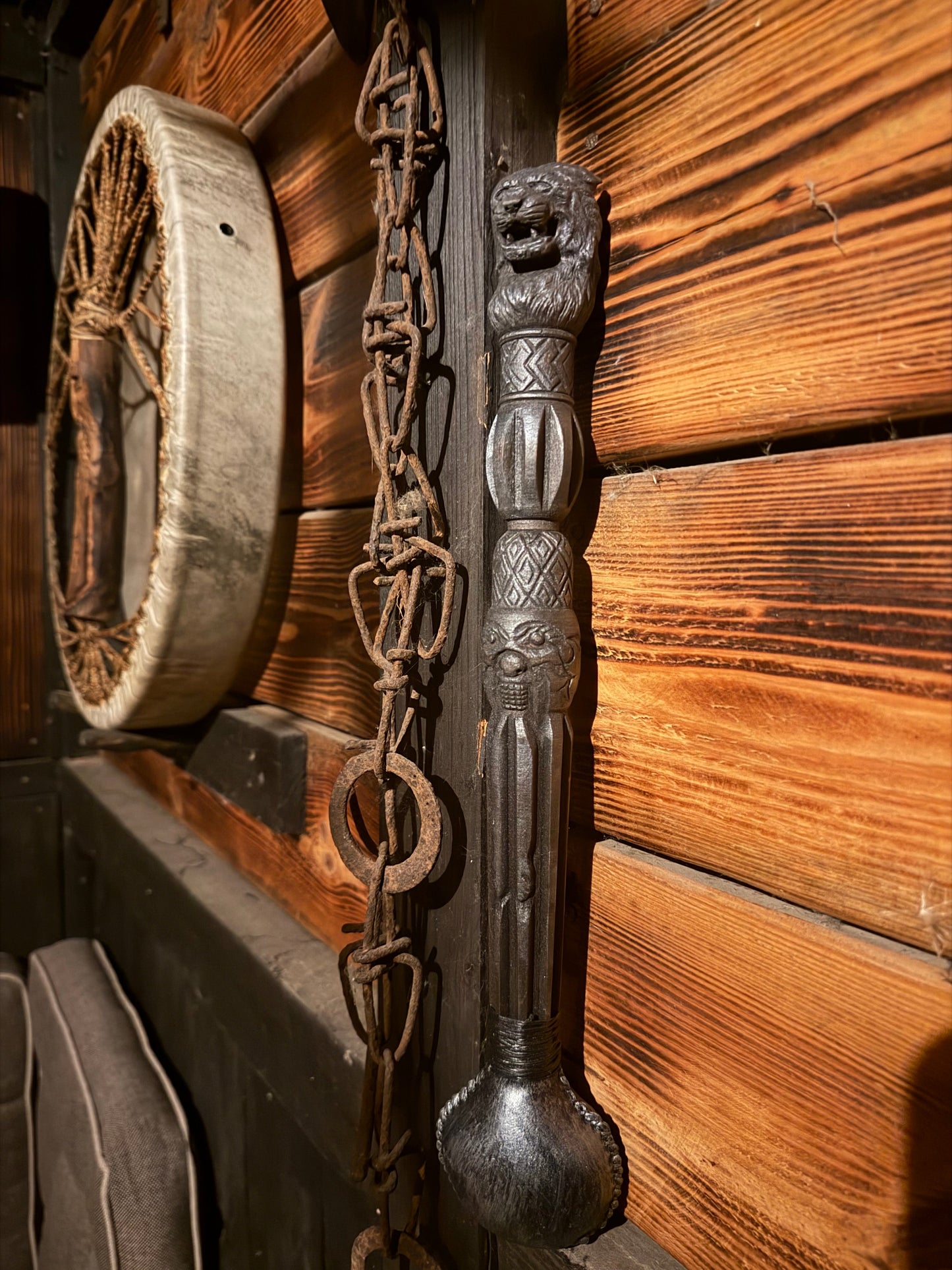 Shamanic rattle Tiger — hand-carved alder, goat skin chamber