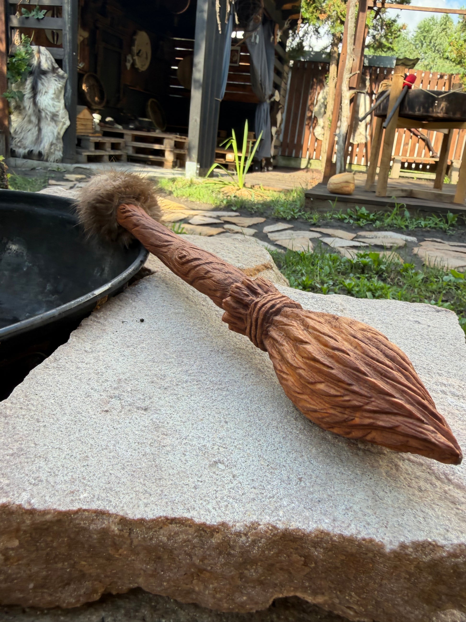 Witch's Broom shamanic beater — natural fur detail
