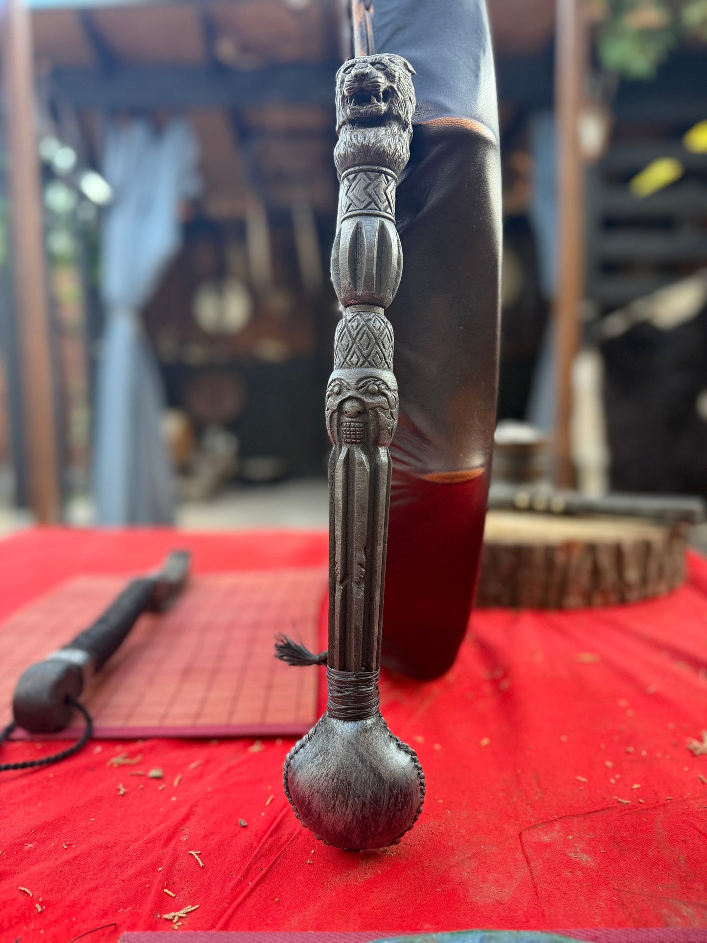 Shamanic rattle Tiger — hand-carved alder, goat skin chamber