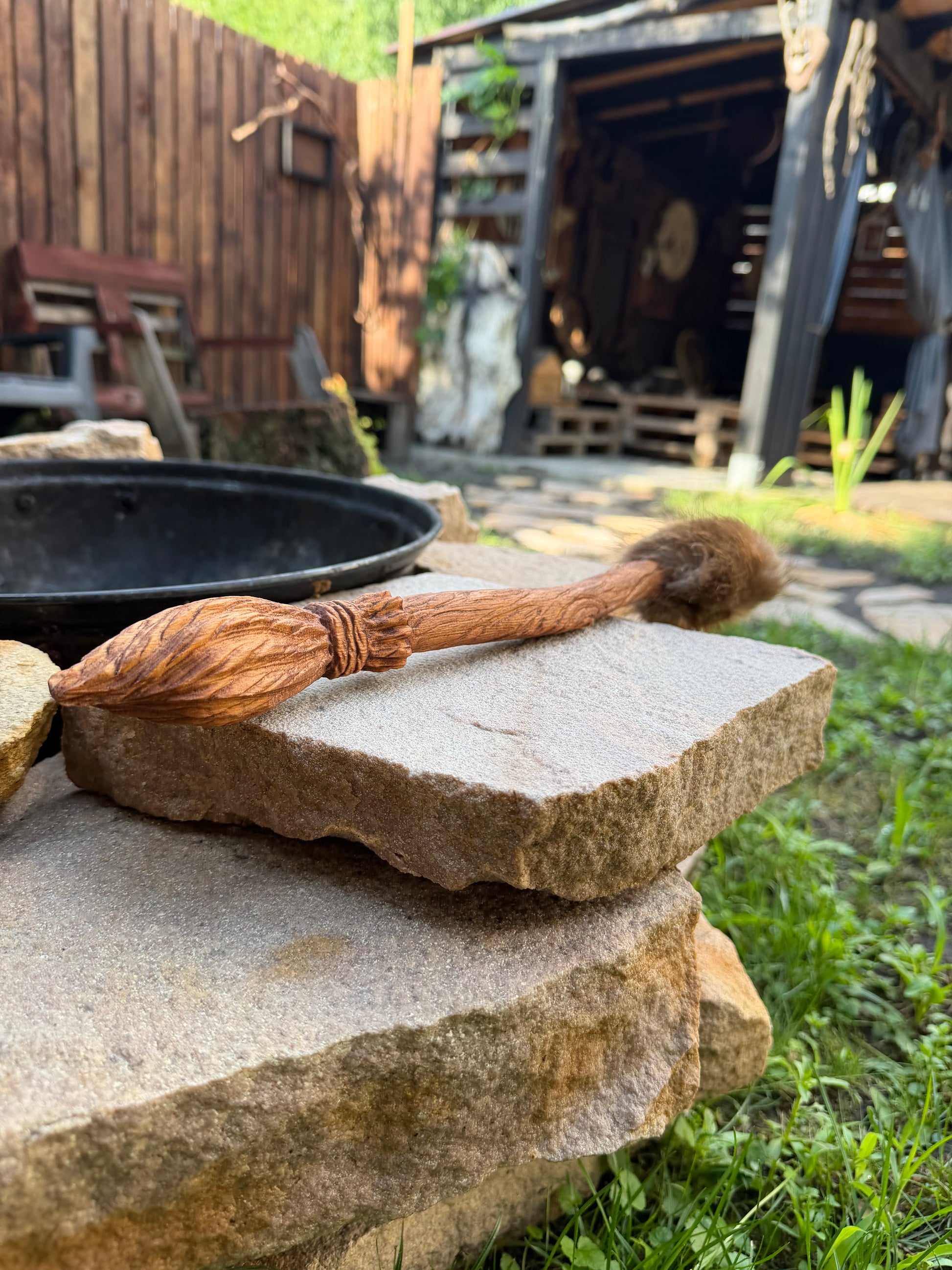 Witch's Broom shamanic beater — hand-carved alder handle detail
