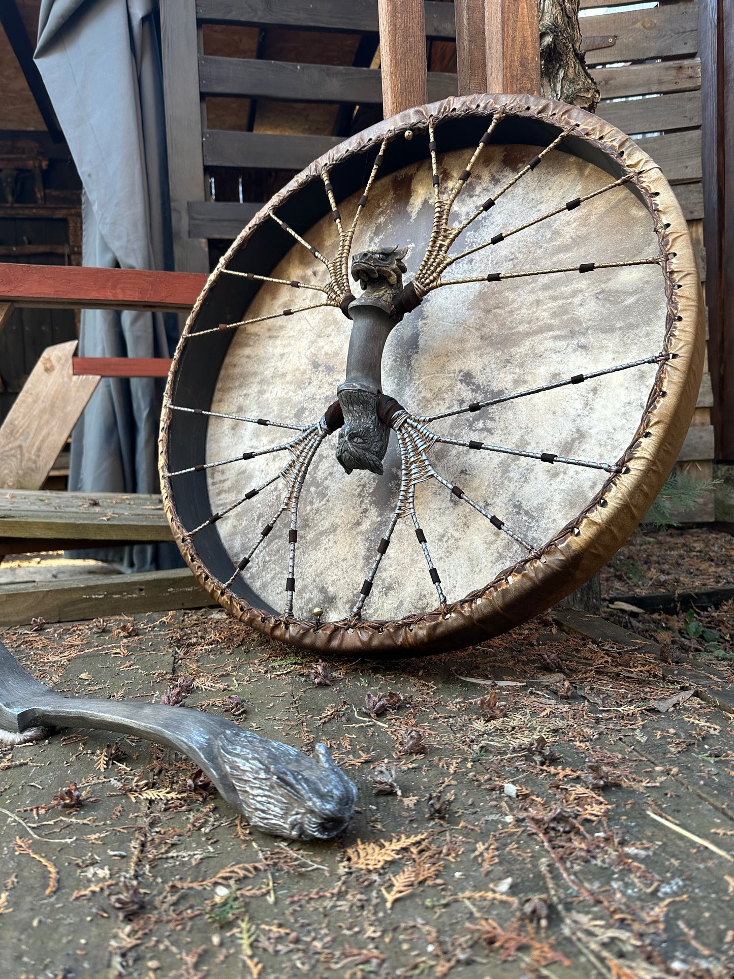 Shamanic Drum 'Four Wings' (Dragon & Owl) — 24" Round