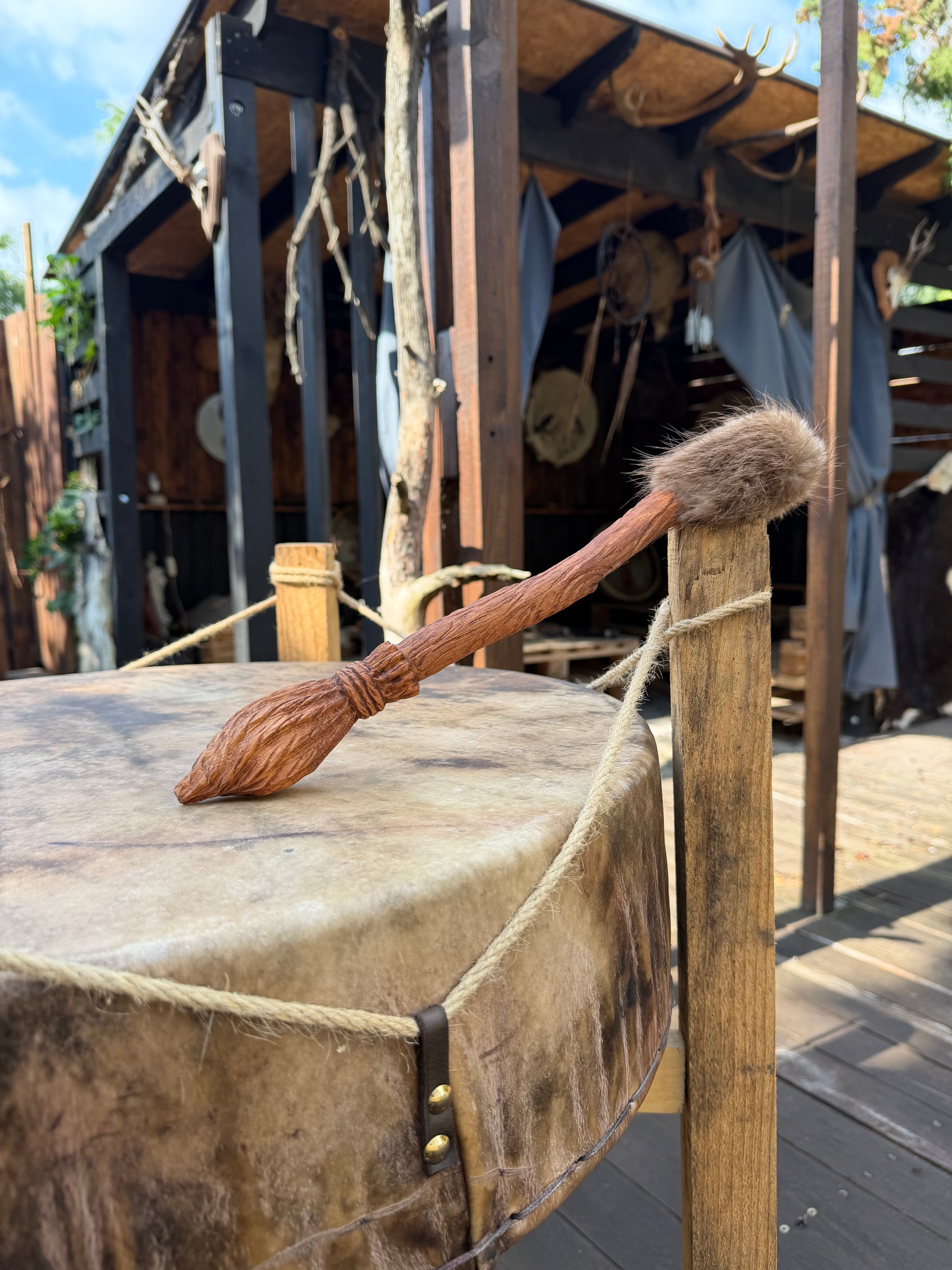 Shamanic Witch's Broom drum beater — hand-carved alder handle with natural fur head