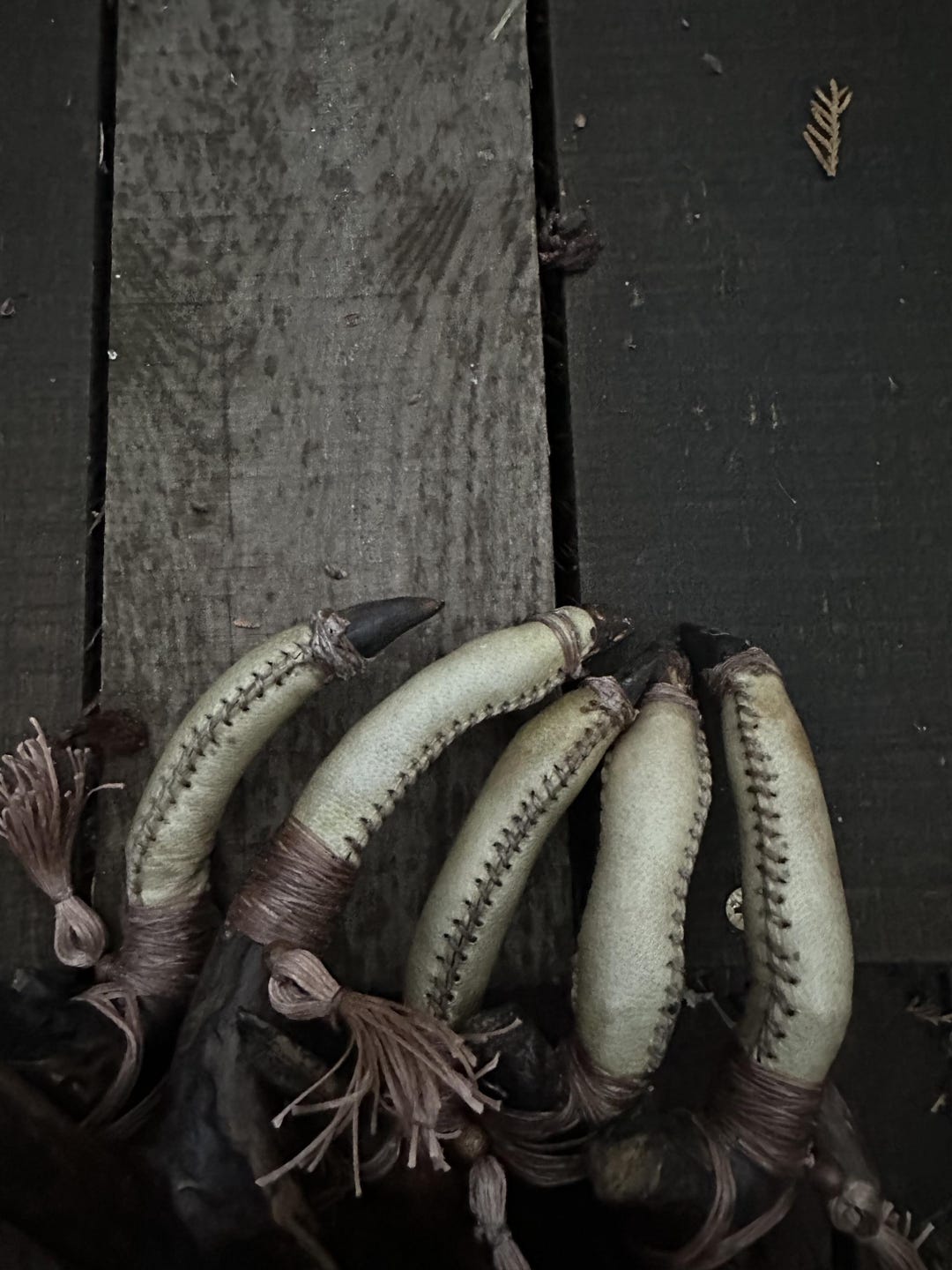 Close detail of the goat leather finger chambers and carved wooden claw tips