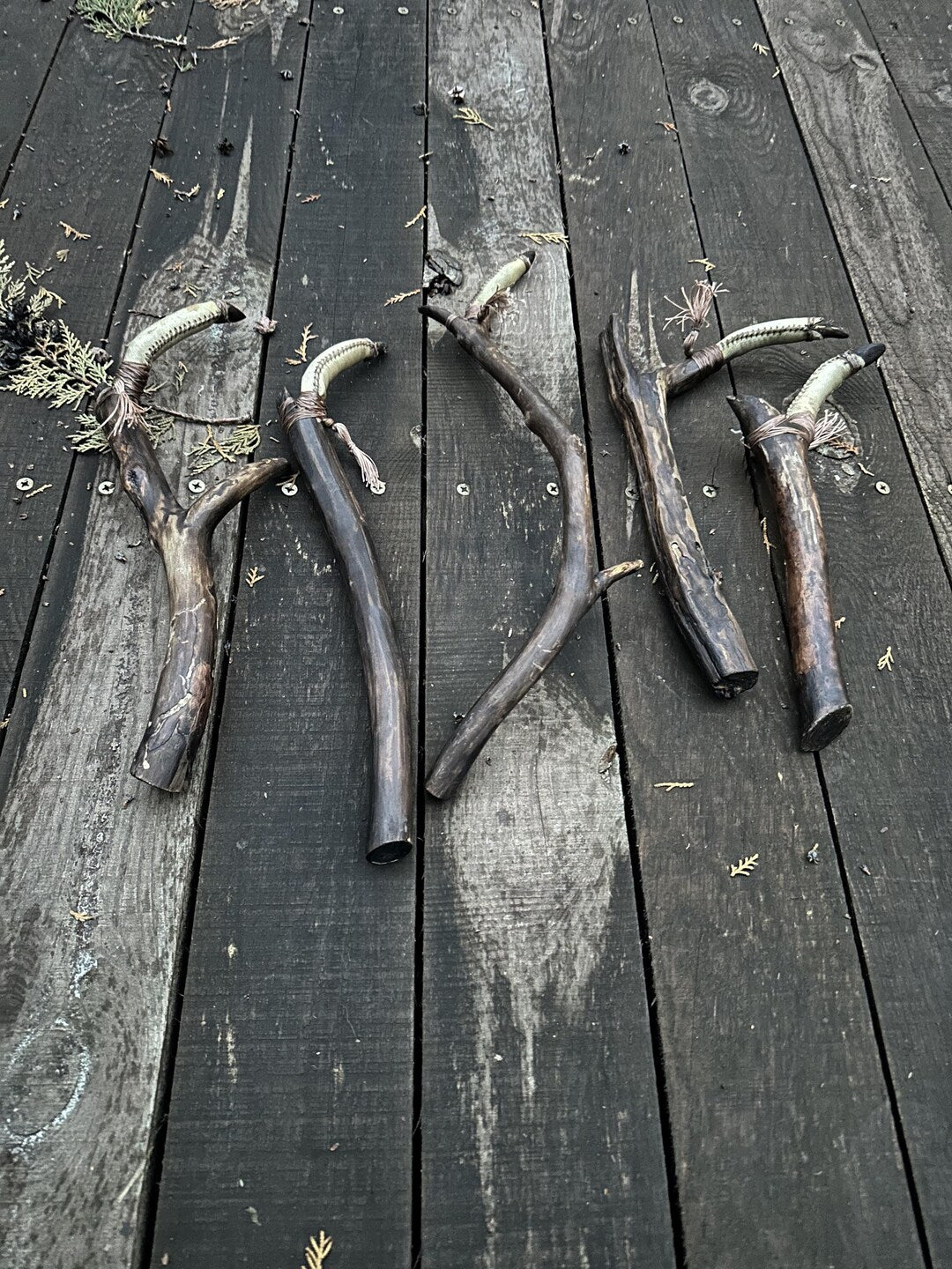 Group of shaman's finger rattles showing varied branch handles and leather chambers