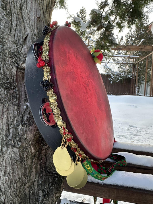 Romani Hutsul Tambourine Red Rose 12 inch