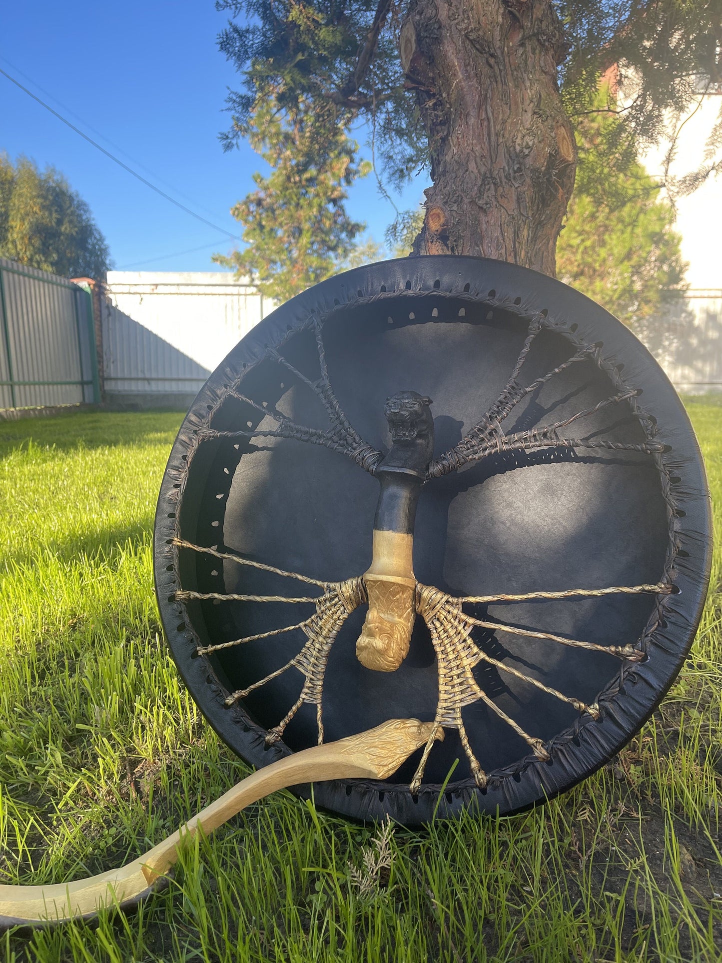 Shamanic drum Jaguar and Eagle with carved beater