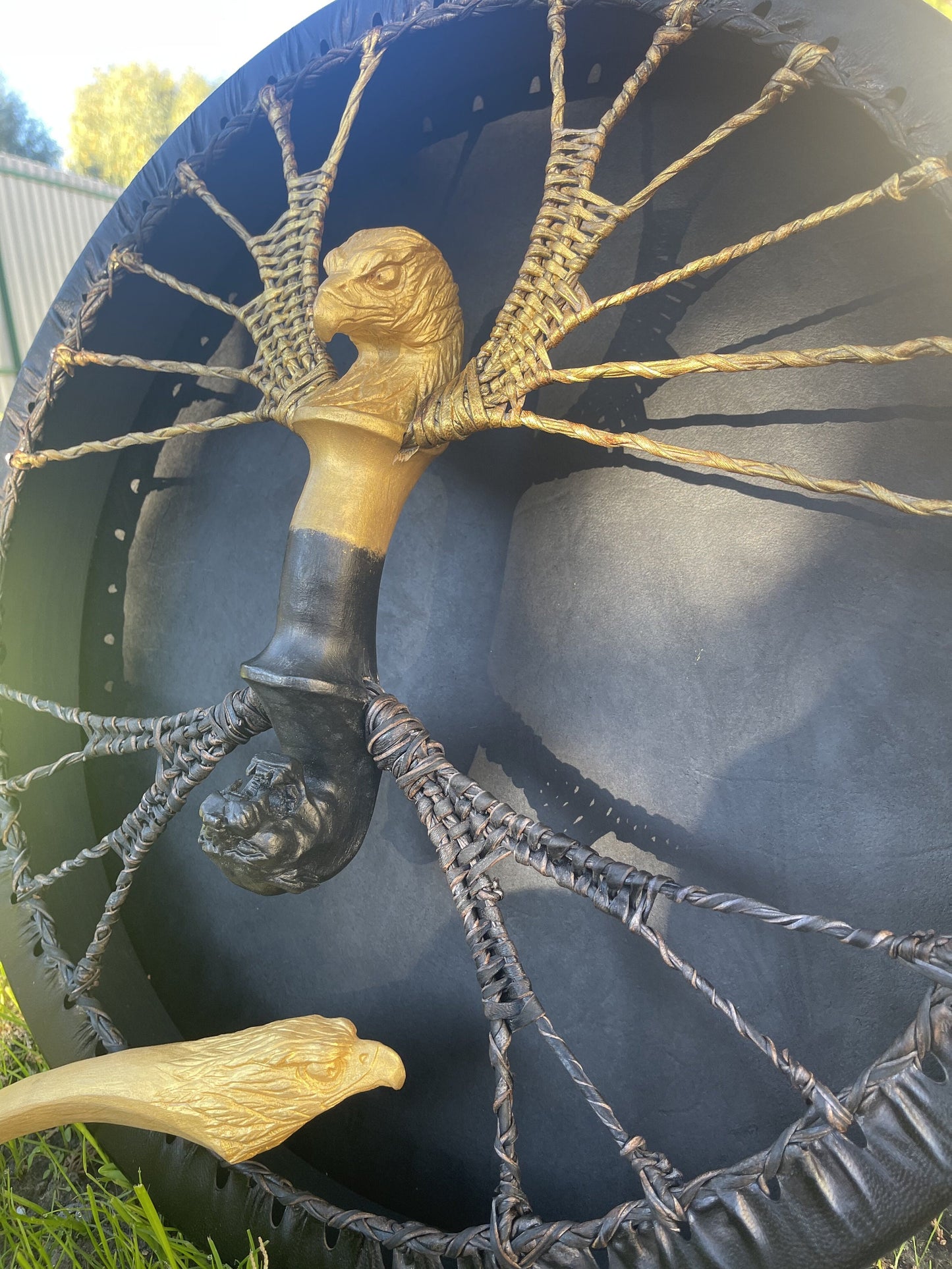Jaguar and Eagle shaman drum, carved eagle head handle