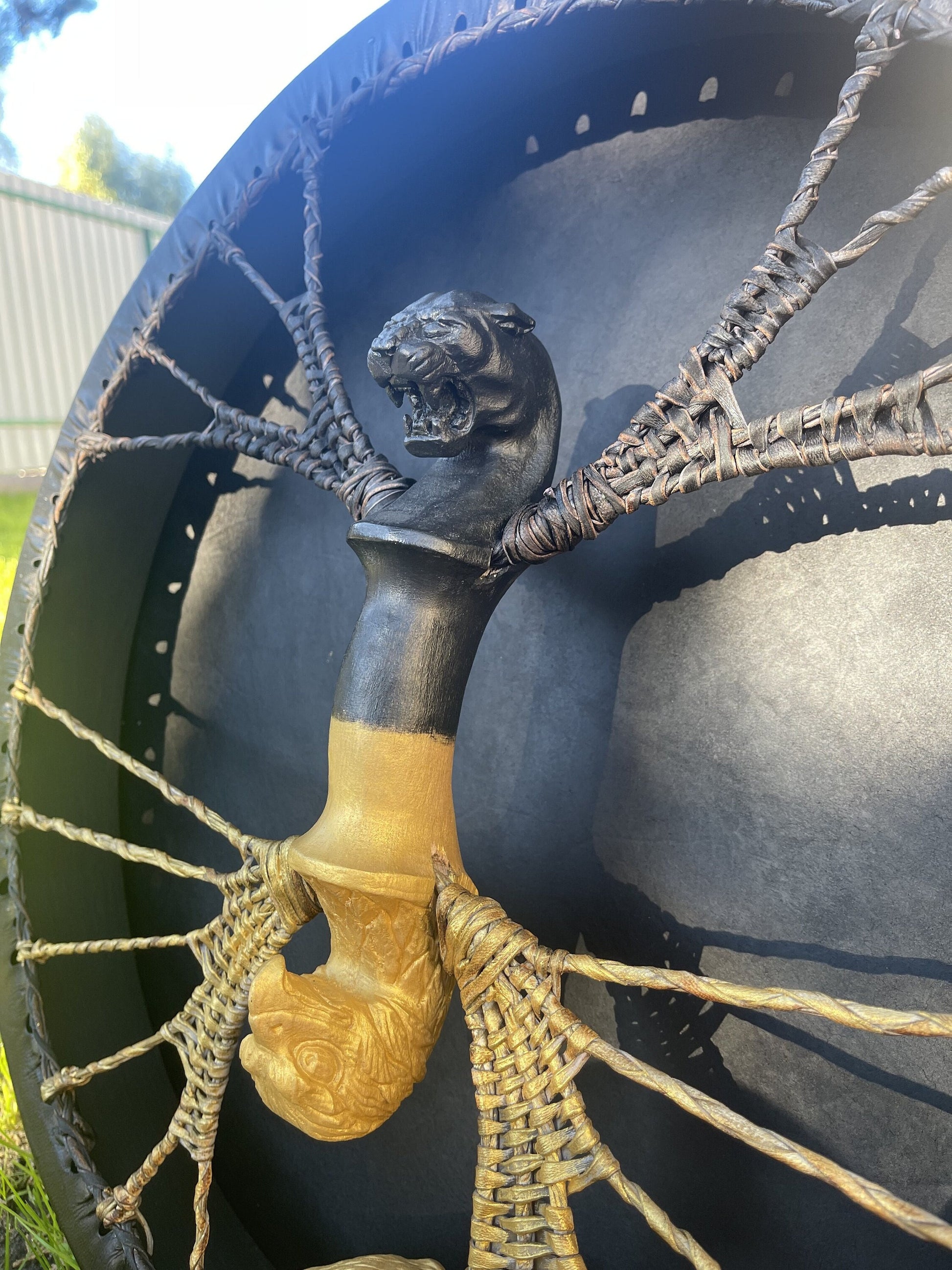 Shamanic drum Jaguar and Eagle 20 inch, hand-carved alder handle