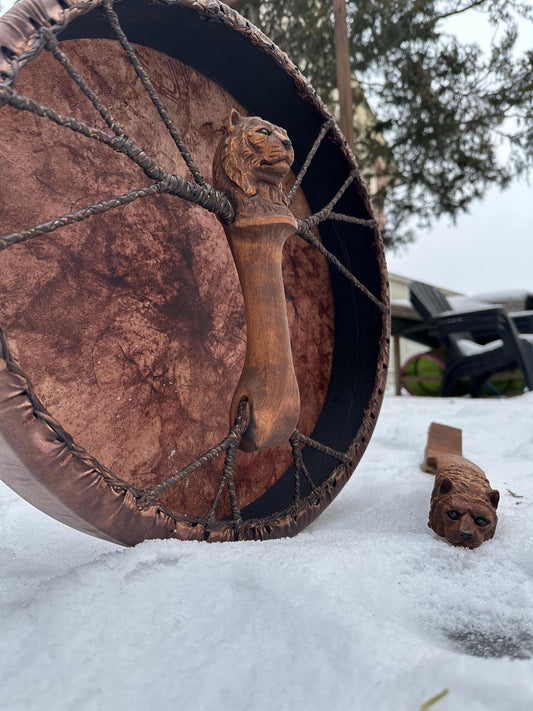 16 inch round shaman drum with hand-carved alder Tiger handle