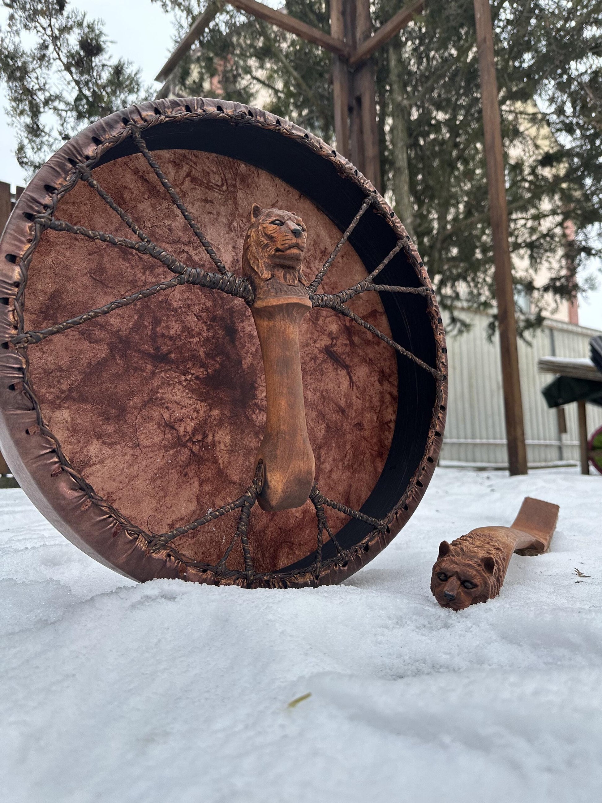 16 inch round shaman drum with hand-carved alder Tiger handle