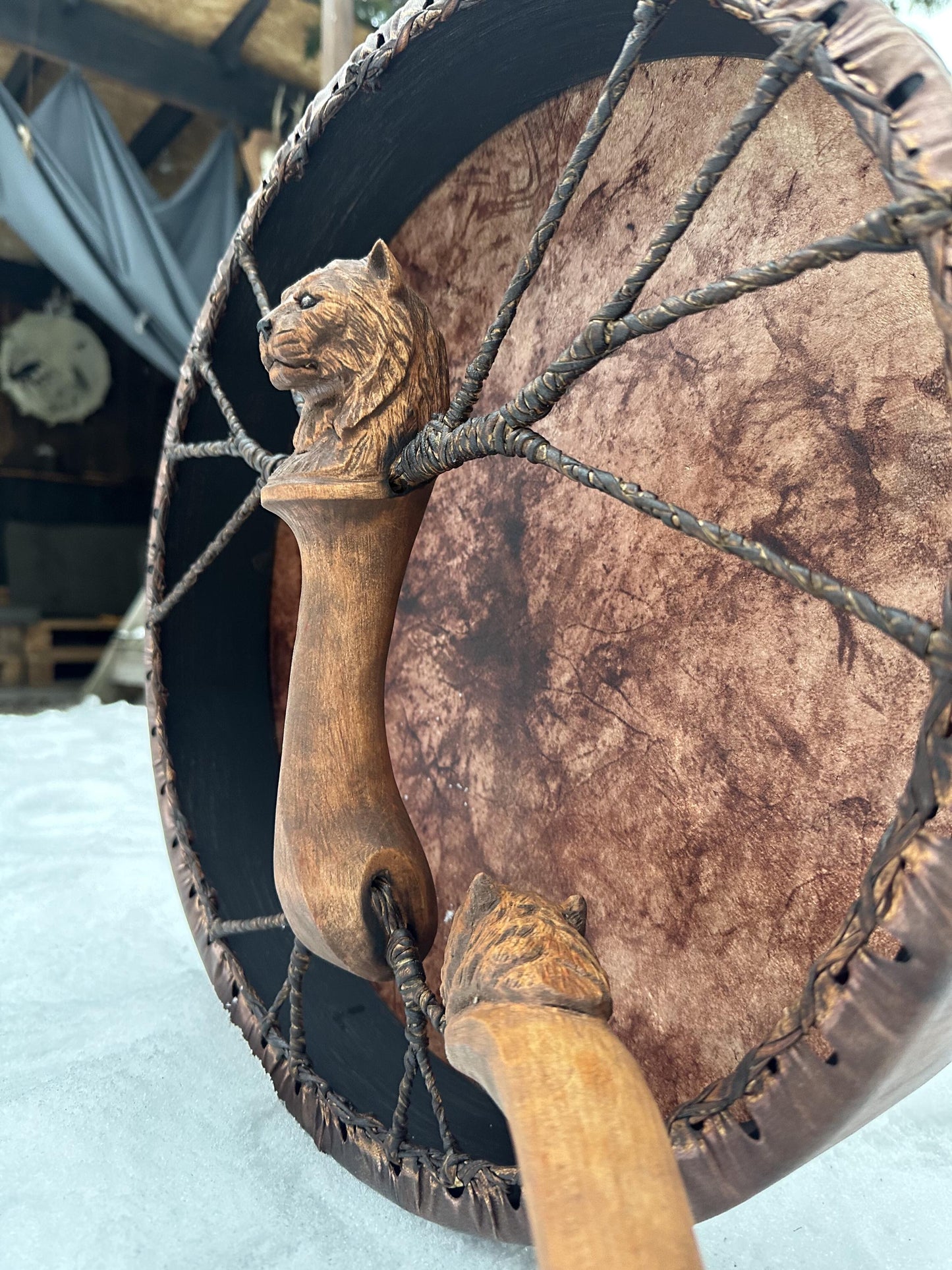 16 inch round shaman drum with hand-carved alder Tiger handle
